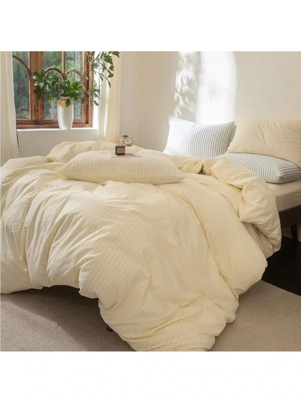 NEW FOSSA 100% Washed Cotton Striped Duvet Cover Set. Linen-Like. Pale Yellow